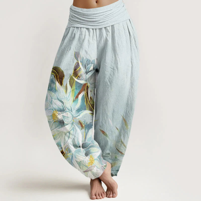 Buddha Stones Cotton Epiphyllum Flowers Design Women's Elastic Waist Harem Pants