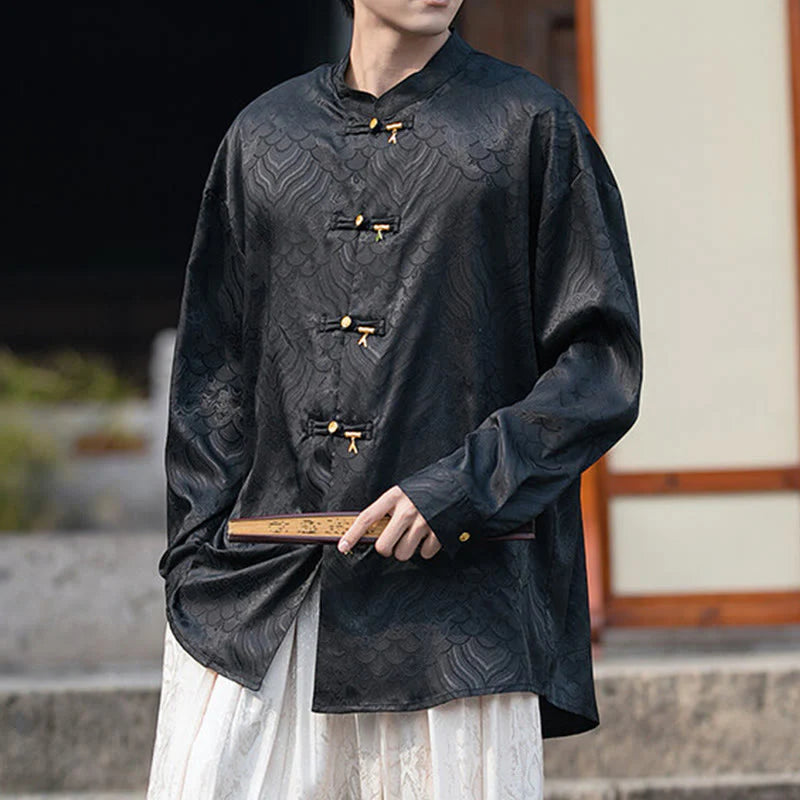 Buddha Stones Chinese Frog-Button Bamboo Shape Design Stand Collar Men's Long Sleeve Shirt