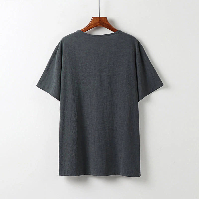 Buddha Stones Summer V-Neck Frog-Button Short Sleeve Clouds Embroidery Cotton Linen Men's Shirt