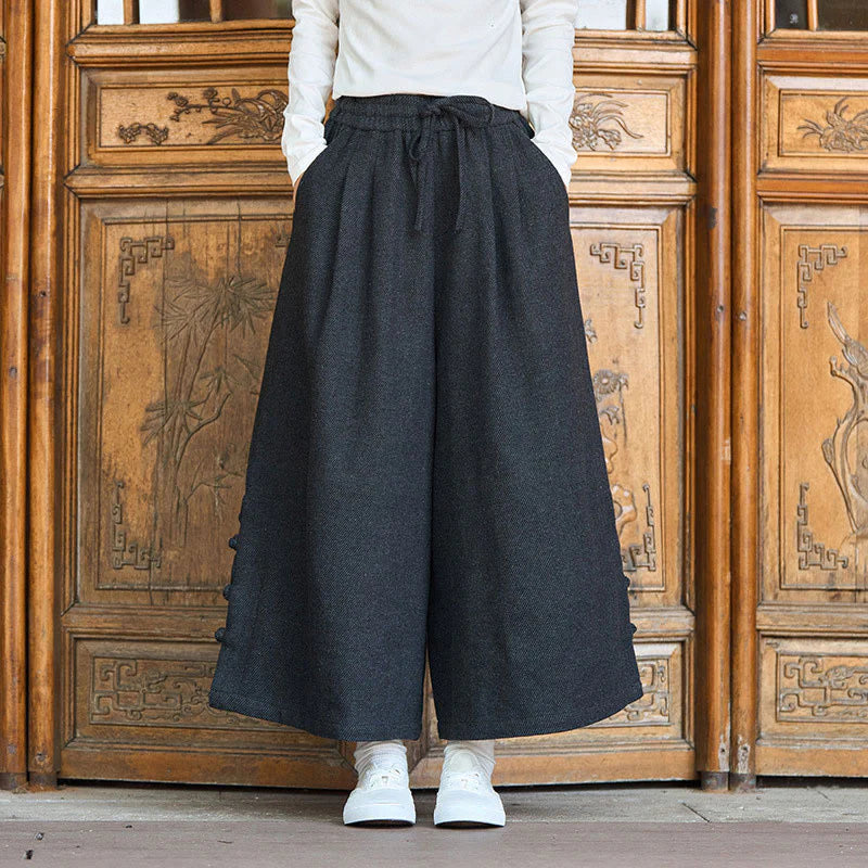 Buddha Stones Winter Chinese Frog-Button Design Corduroy Thermal Men's Wide Leg Pants With Pockets