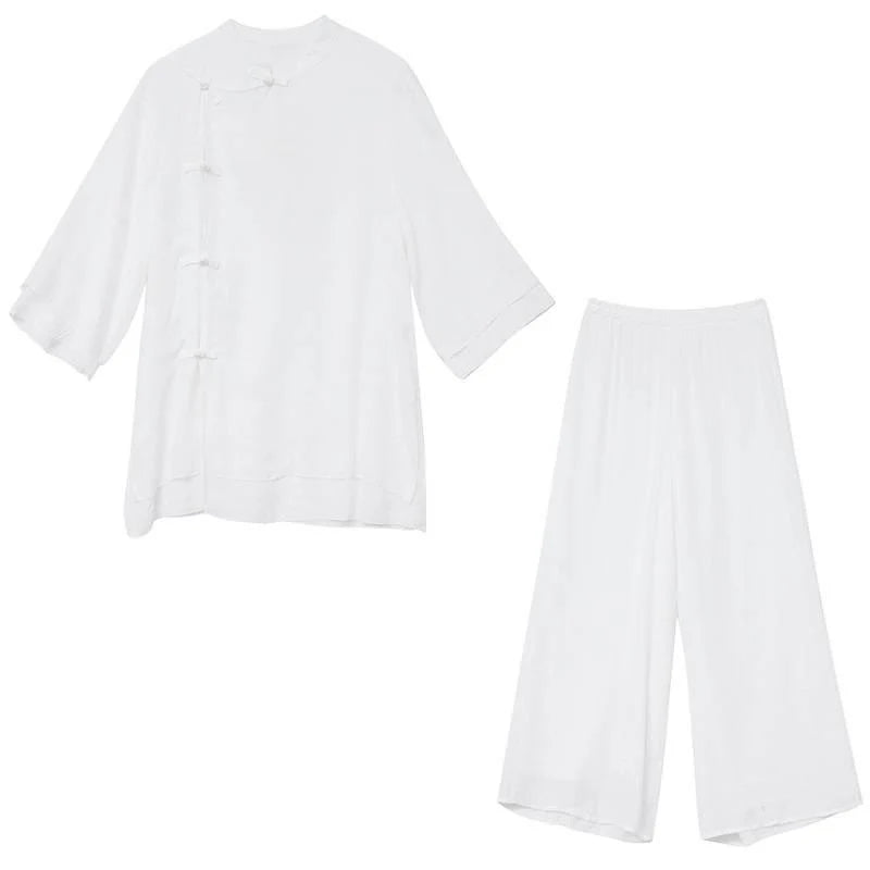 Buddha Stones 2Pcs Solid Color White Frog-Button Three Quarter Sleeve Shirt Wide Leg Pants Meditation Zen Clothing Women's Set