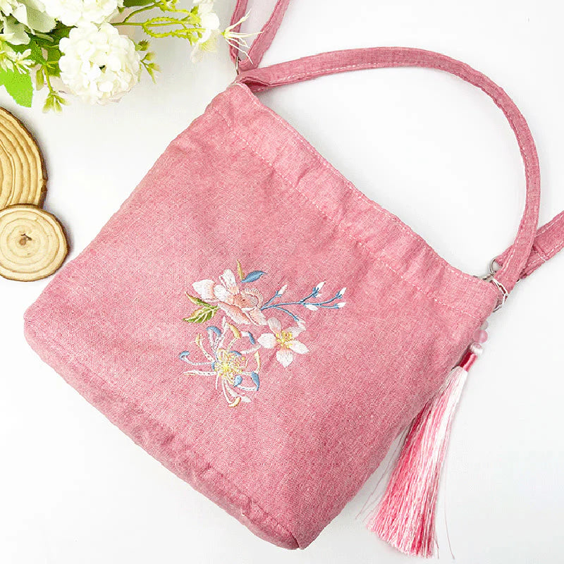 Buddha Stones Embroidery Wisteria Plum Lotus Cherry Blossom Cotton Linen Canvas Tote Crossbody Bag Shoulder Bag Handbag