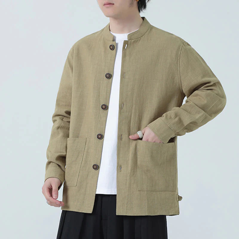 Buddha Stones Men's Button Ramie Linen Cotton Fleece Lined Jacket Shirt With Pockets