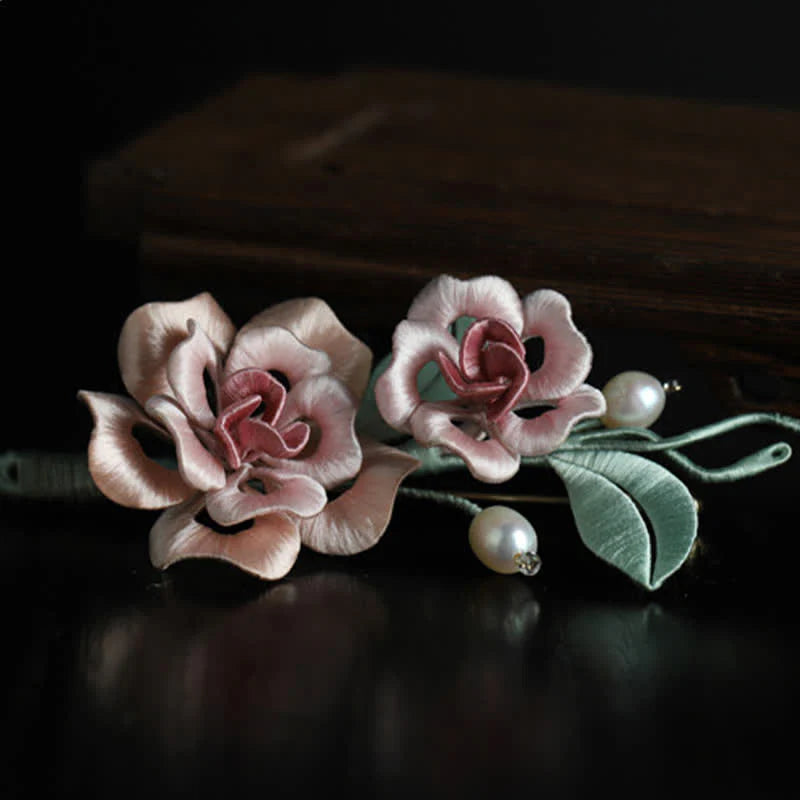 Buddha Stones Handcrafted Silk Art Twin Rose Flower Blessing Harmony Brooch