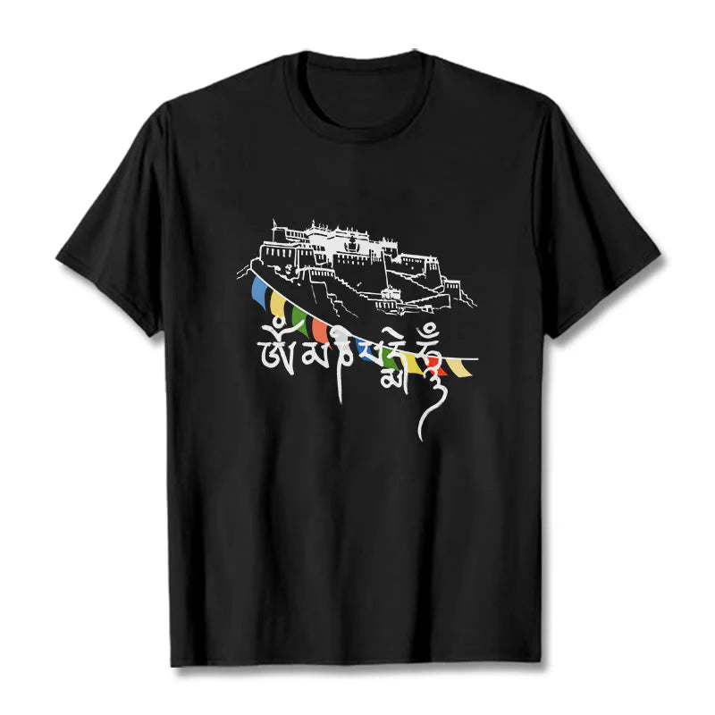 Buddha Stones Potala Palace Om Mani Padme Hum Prayer Flags Cotton Tee T-shirt