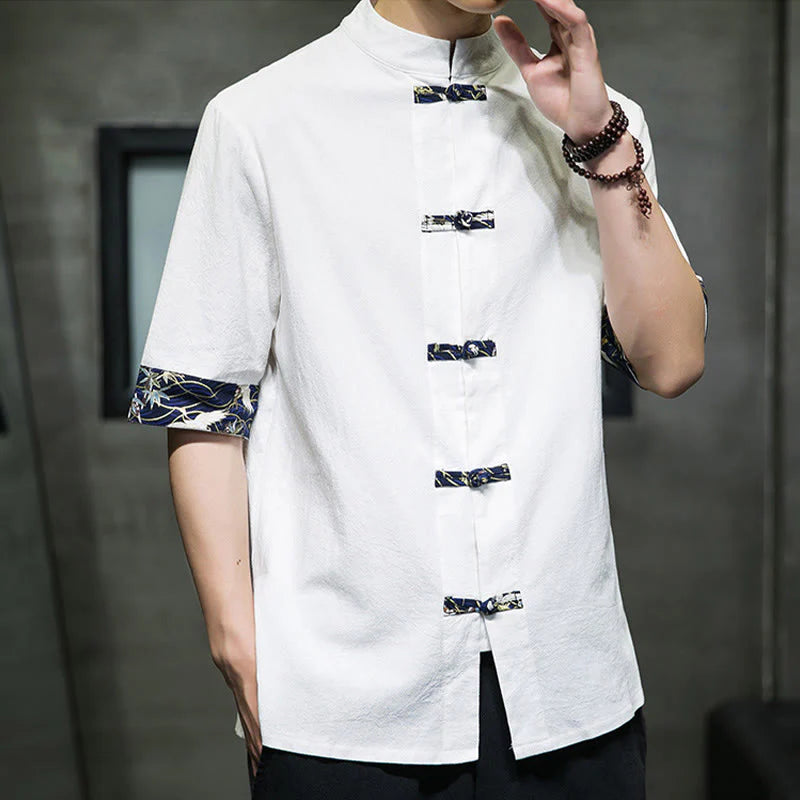 Buddha Stones Solid Color Frog-Button Stand Collar Men's Short Sleeve White Crane Cotton Shirt