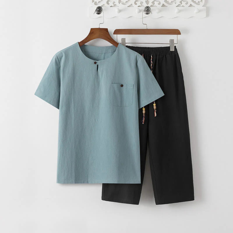 Buddha Stones Summer 2Pcs Plain Short Sleeve T-Shirt 7-8 Length Pants Cotton Linen Tang Suit Men's Meditation Cloth Set With Pockets