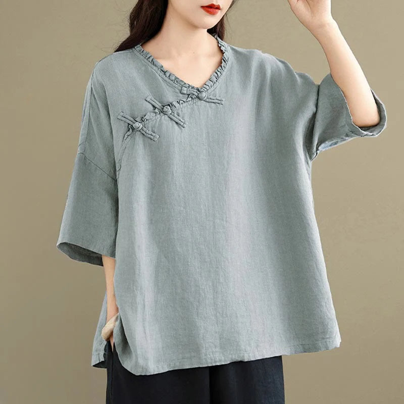 Buddha Stones Spring V-Neck Frog-Button Long Sleeve Plain Women's Cotton Shirt