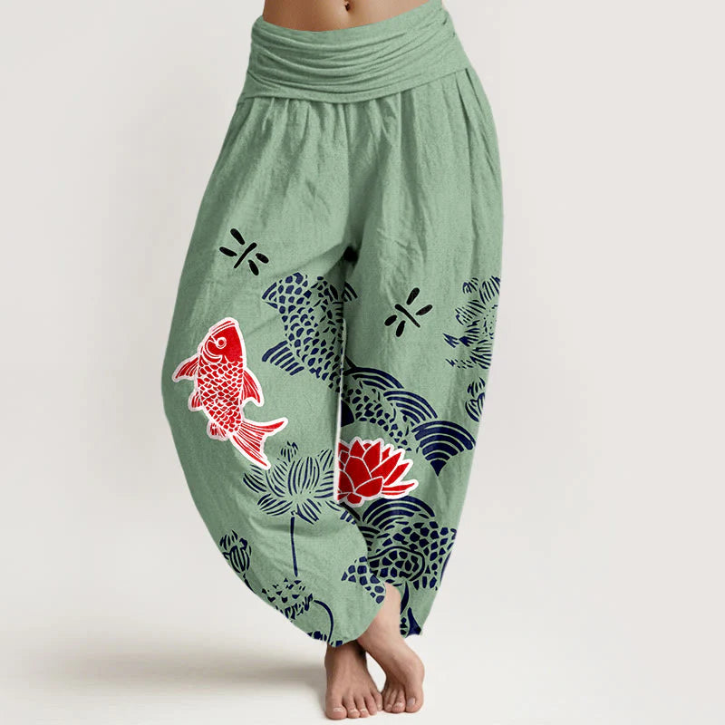 Buddha Stones Pure Cotton Koi Fish Lotus Flowers OceanÂ Women's Elastic Waist Harem Pants