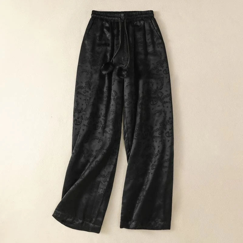 Buddha Stones Jacquard High Waist Design Women's Wide Leg Thermal Thickened Pants With Pockets