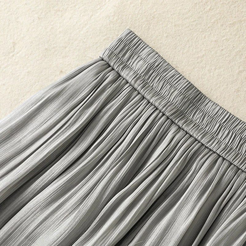 Buddha Stones Light Gray Pleated Design Elastic Waist Women's Wide Leg Pants With Pockets
