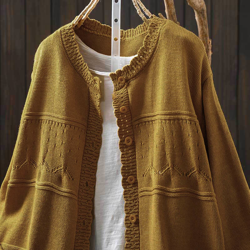 Buddha Stones Fall Lace Buttons Cotton Women's Long Sleeve Knitted Cardigan Sweater With Pockets
