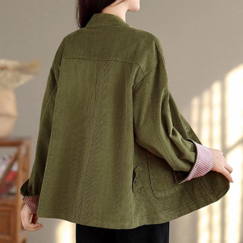 Buddha Stones Buttons Design Corduroy Long Sleeve Women's Jacket With Pockets
