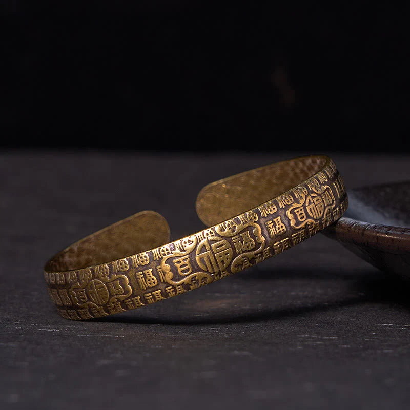 Buddha Stones Hundred Blessings Fu Character Copper Brass Luck Bracelet Bangle