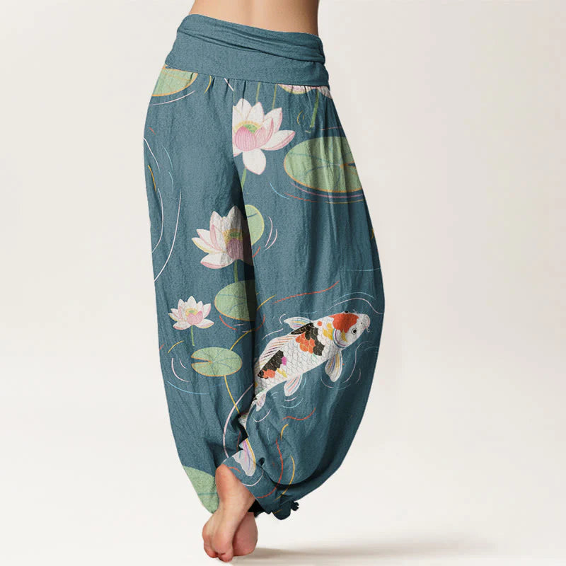 Buddha Stones Cotton Lotus Flower Lotus Leaves Koi Fish Water Ripples Pattern Women's Elastic Waist Harem Pants