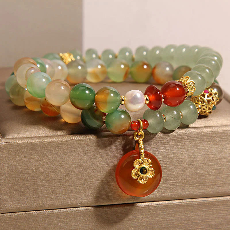 Buddha Stones Natural Colorful Peacock Agate Flower Peace Buckle Pearl Double Layer Support Bracelet