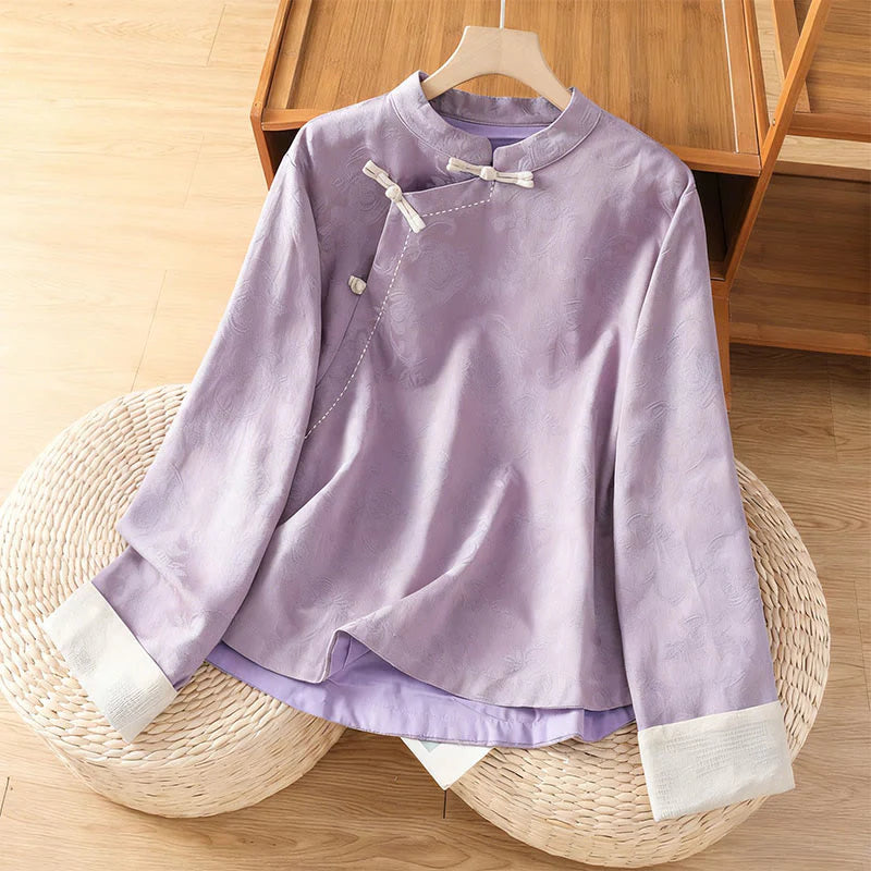 Buddha Stones Fall Jacquard Floral Print Frog-Button Stand Collar Long Sleeve Women's Cotton Shirt