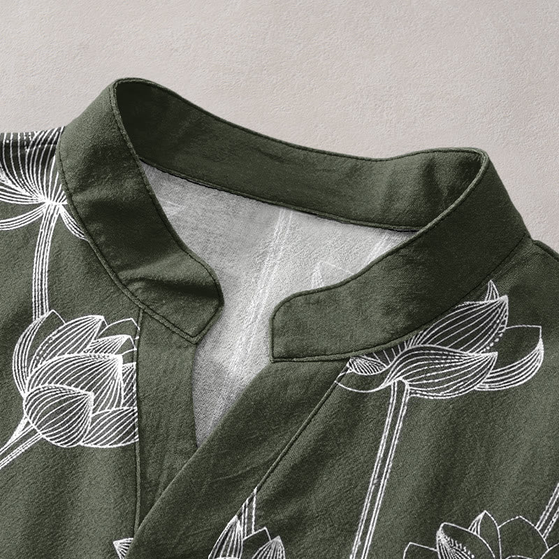 Buddha Stones Cotton Harmonious Lotus Pattern Men's Short Sleeve Half Button Shirt