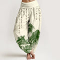 Buddha Stones Pure Cotton Chinese Calligraphy Landscape Painting Women's Elastic Waist Harem Pants