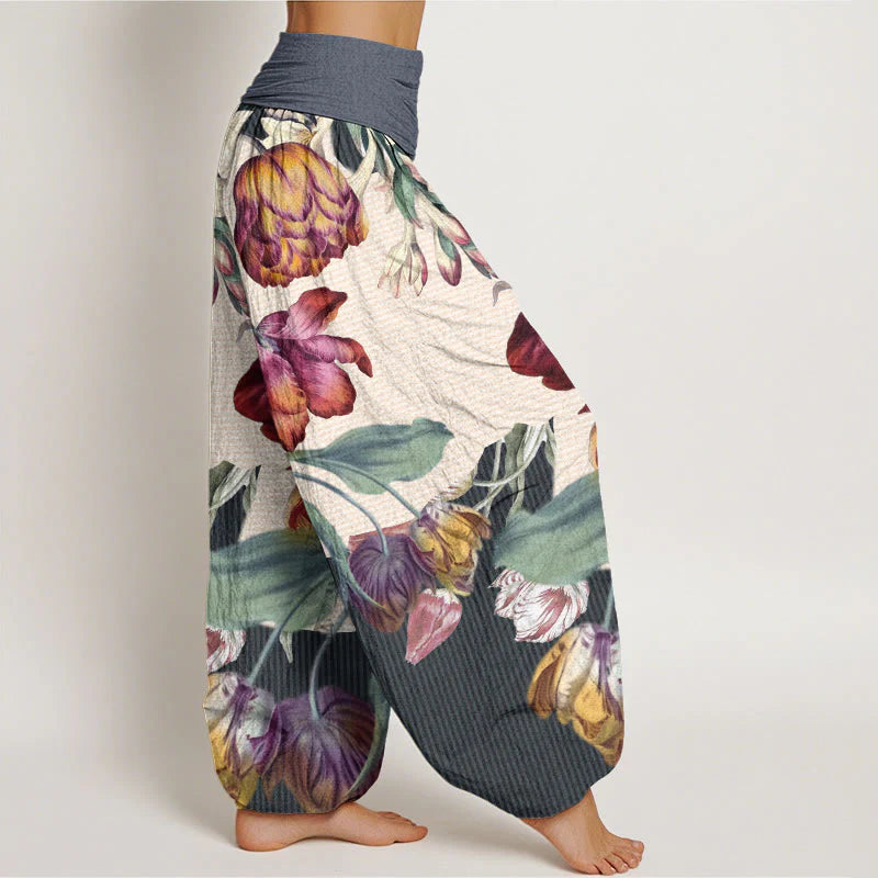 Buddha Stones Cotton Tulips Green Leaves Design Women's Elastic Waist Harem Pants