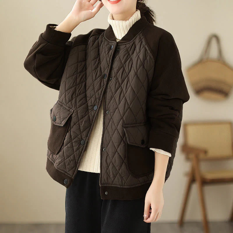 Buddha Stones Diamond Pattern Women's Long Sleeve Thickened Jacket With Pockets