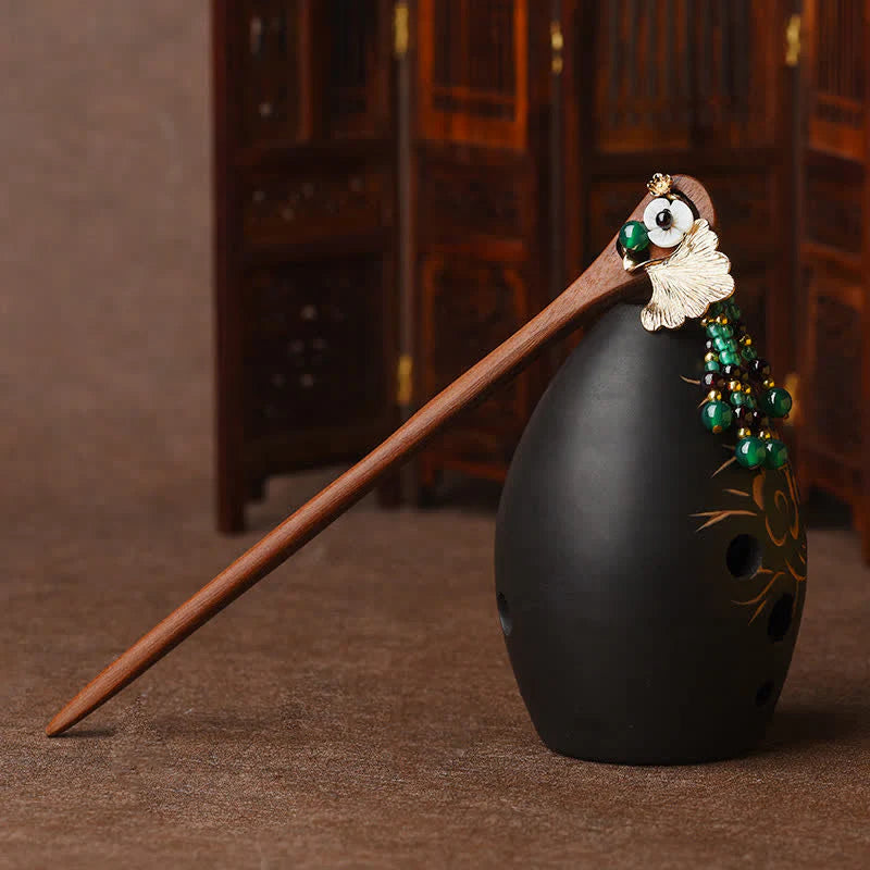 Buddha Stones Red Sandalwood Green Agate Ginkgo Leaf Protection Hairpin
