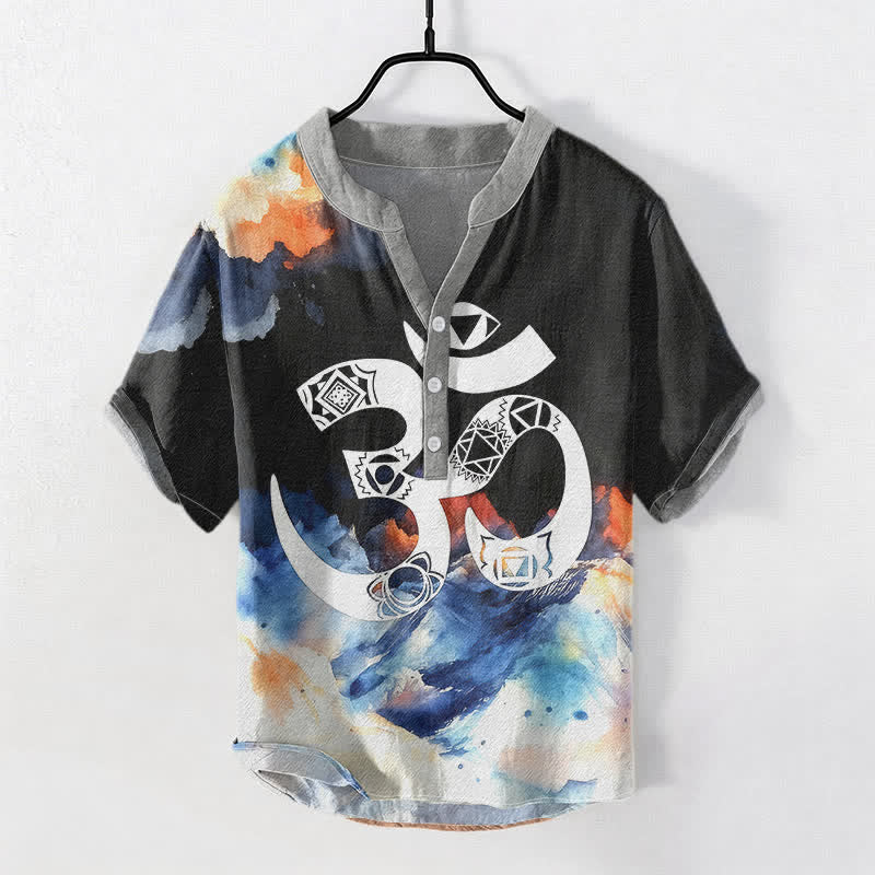 Buddha Stones Cotton Om Chakra Emblem Men's Short Sleeve Half Button Shirt