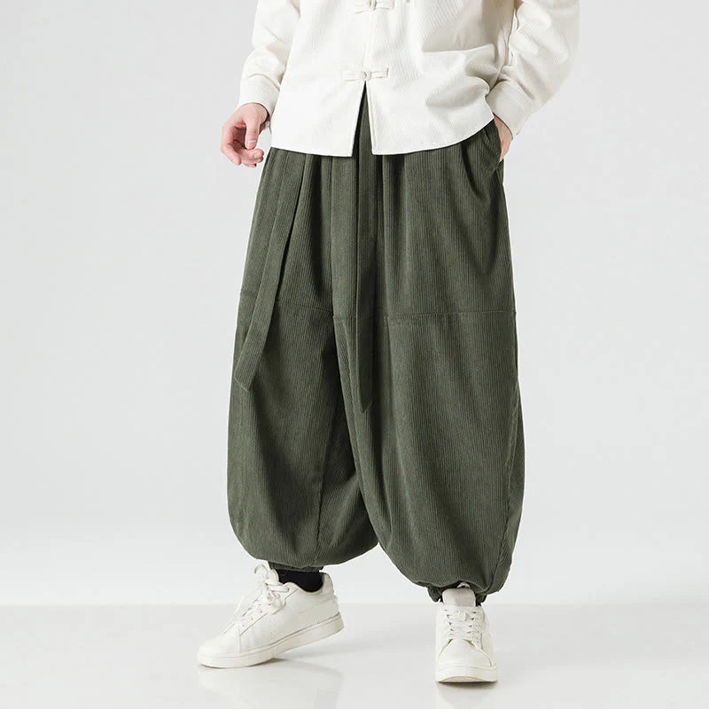 Buddha Stones Winter Solid Color Men's Harem Pure Cotton Corduroy Pants With Pockets