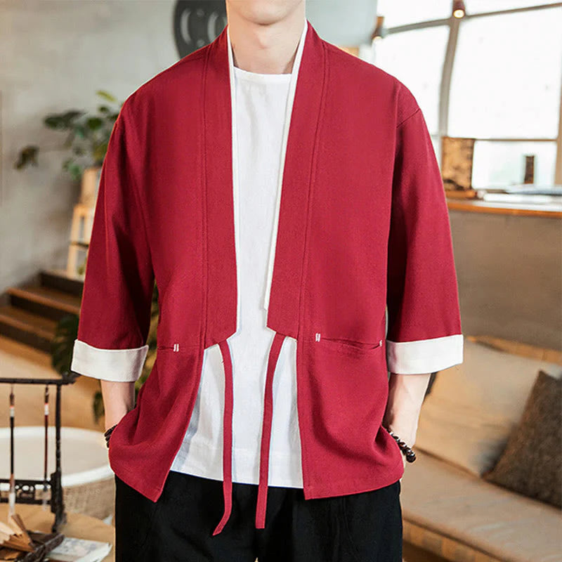 Buddha Stones Lace-Up Design Jacket Cotton Linen Men's Three Quarter Sleeve Kimono With Pockets