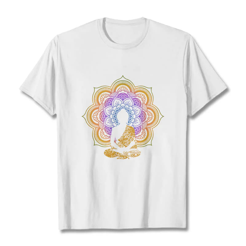 Buddha Stones Multicolor Mandala Flower Seated Buddha Pattern Tee T-shirt