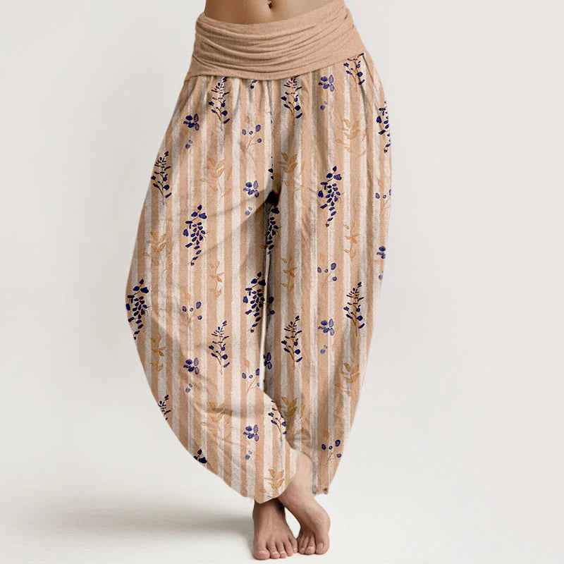 Buddha Stones Cotton Softly Colored Leaf Striped Pattern Women's Elastic Waist Harem Pants