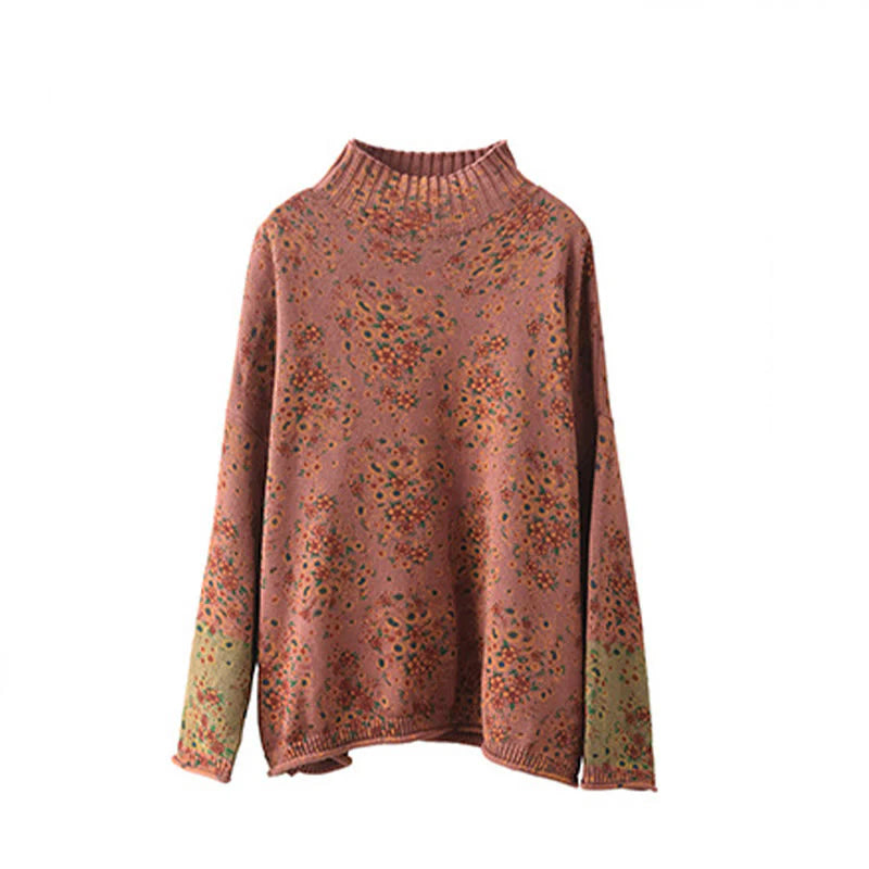 Buddha Stones Fall Printing Floral Long Sleeve Mock Neck Women's Knitted Cotton Sweater