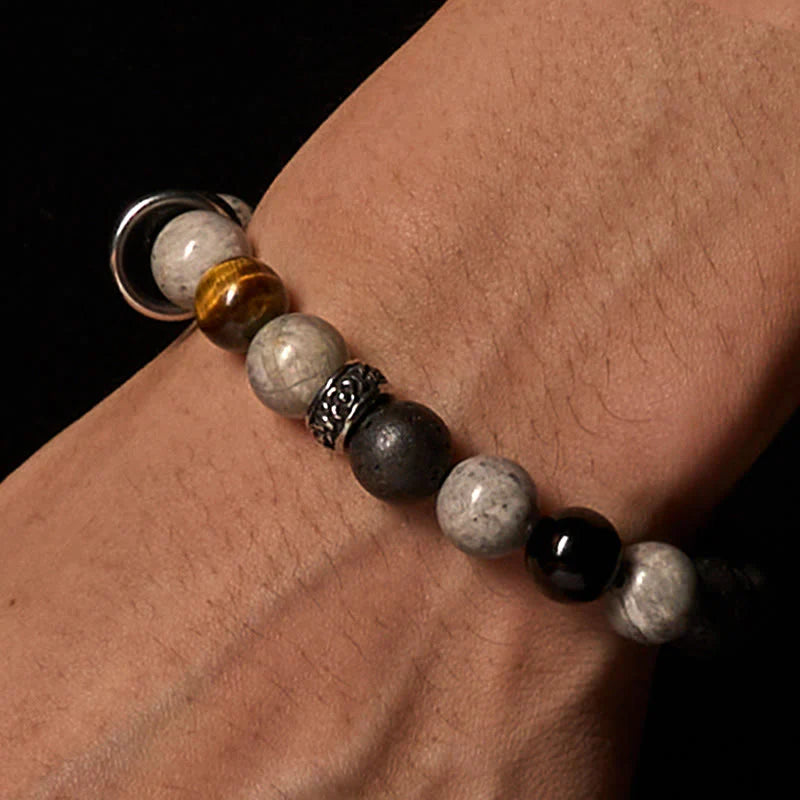 Buddha Stones Grey Jasper Lava Rock Silver Sheen Obsidian Tiger Eye Healing Bracelet