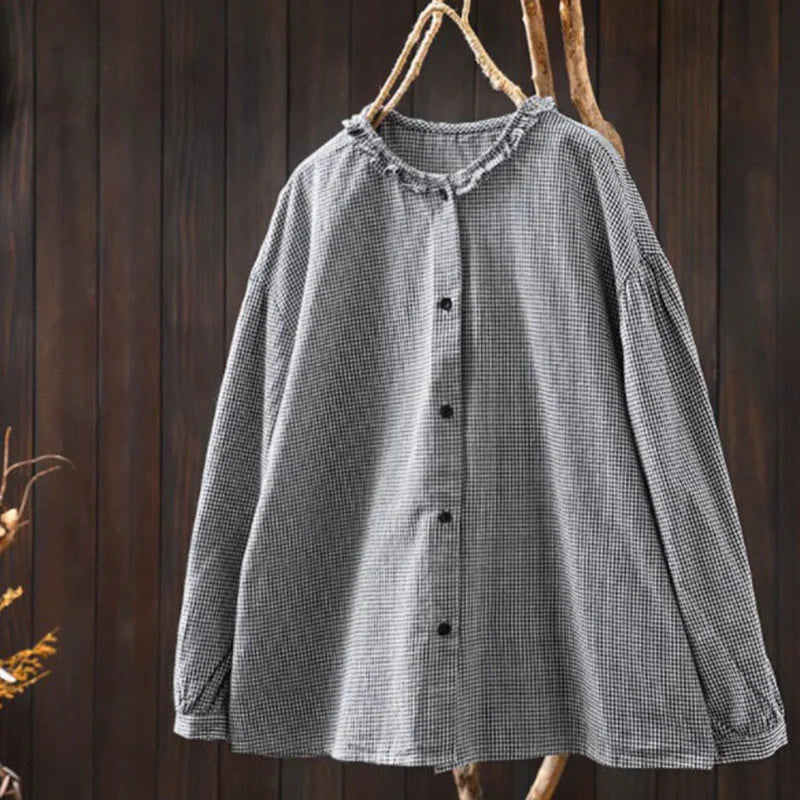 Buddha Stones Spring Small Plaid Buttons Down Long Sleeve Women's Cotton Shirt