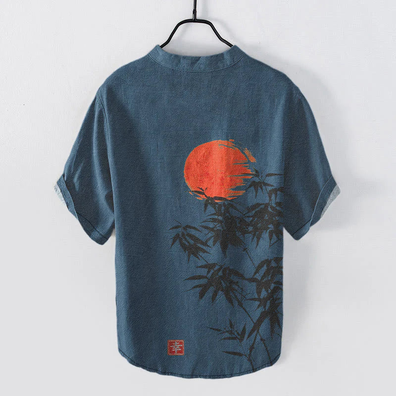 Buddha Stones Cotton Simple Red Sun Bamboo Pattern Men's Short Sleeve Half Button Shirt