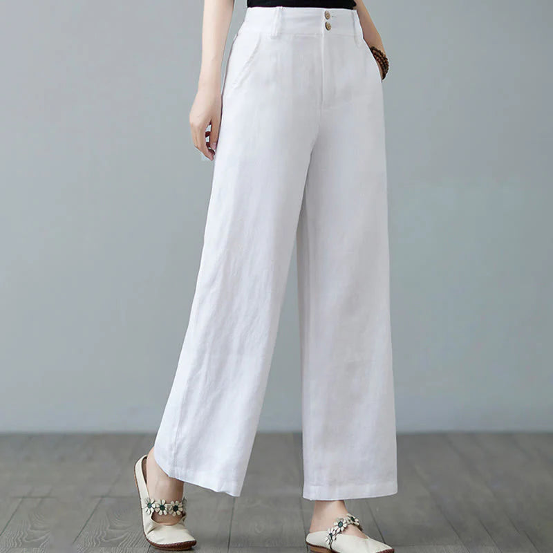 Buddha Stones Daily Solid Color Patchwork Simple Design Cotton Linen Women's Pants With Pockets