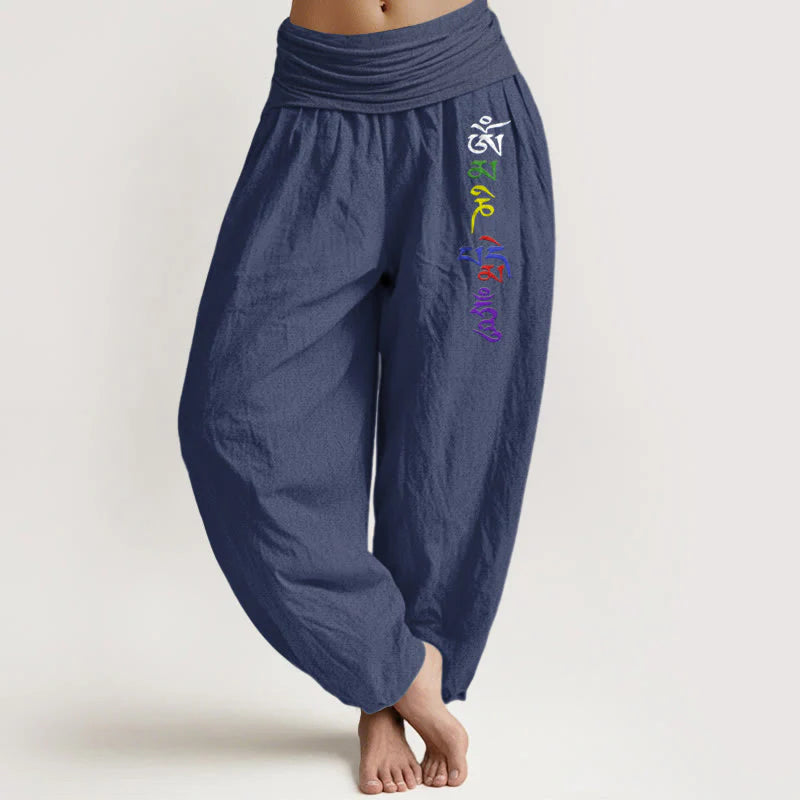 Buddha Stones Pure Cotton Om Symbol Tibetan Script Pattern Women's Elastic Waist Harem Pants