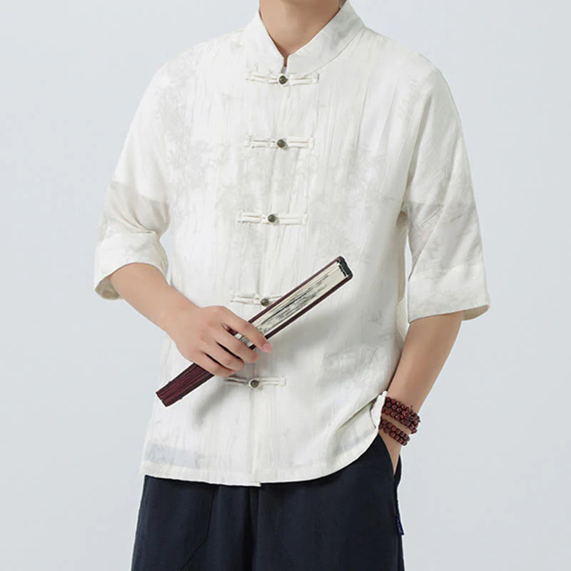 Buddha Stones Summer Pine Needles Pattern Short Sleeve Frog-Button Design Men's Shirt