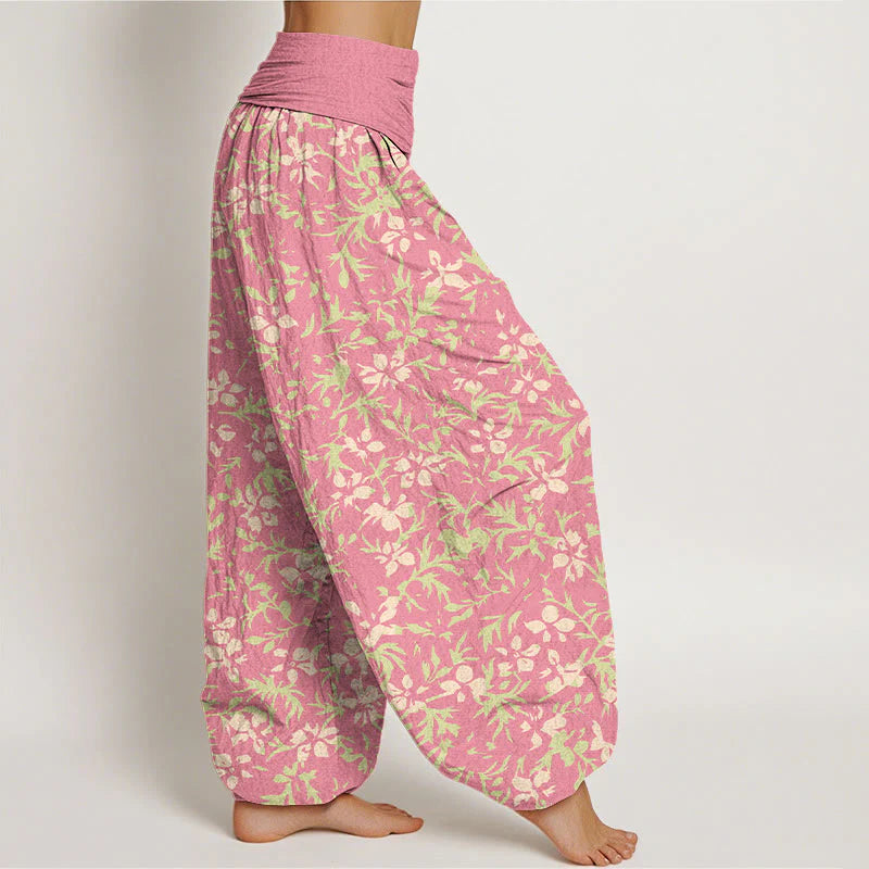 Buddha Stones Pure Cotton Abstract Flowers Leaves Pattern Women's Elastic Waist Harem Pants