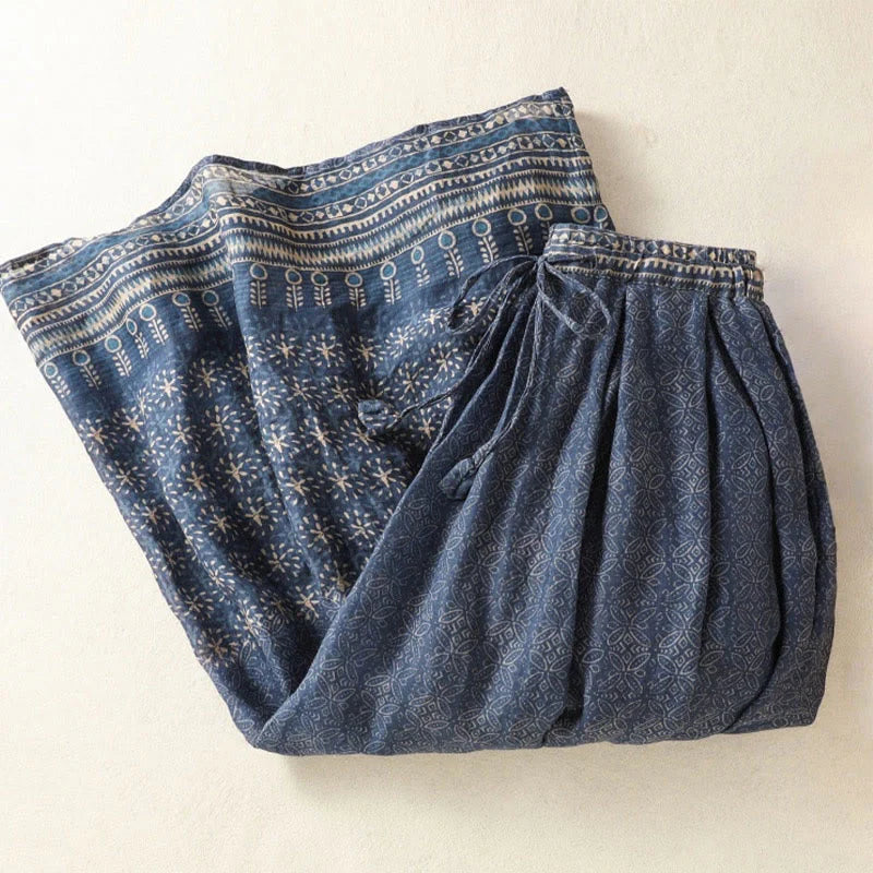 Buddha Stones Vintage Ethnic Floral Pattern Lined Drawstring Women's Skirt With Pockets