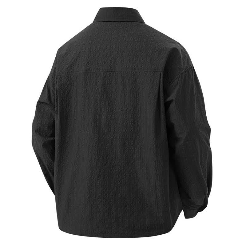 Buddha Stones Spring Solid Color Textured Long Sleeve Button Men's Lapel Shirts With Pocket