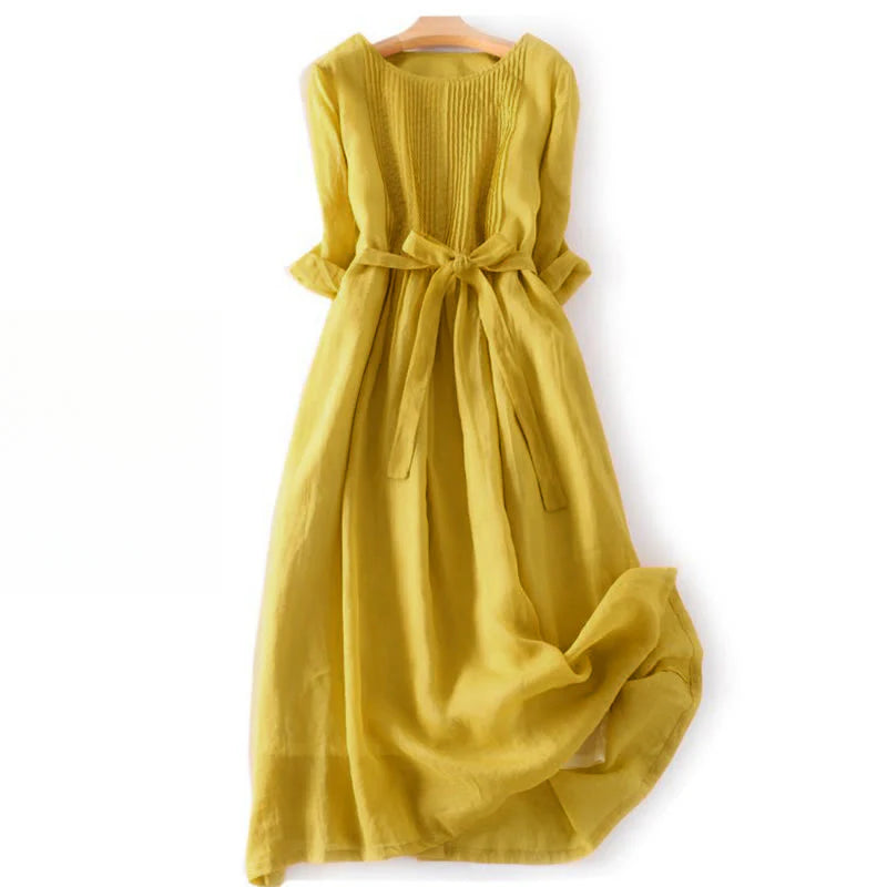 Buddha Stones Casual Lace-up Plain Crew Neck Half Sleeve Midi Dress With Pockets