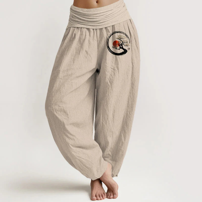 Buddha Stones Pine Tree Red Sun Zen Character Pattern Pure Cotton Women's Elastic Waist Harem Pants
