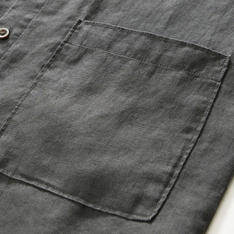 Buddha Stones Fall Solid Color Buttons Down Stand Collar Three Quarter Sleeve Linen Men's Shirt With Pockets