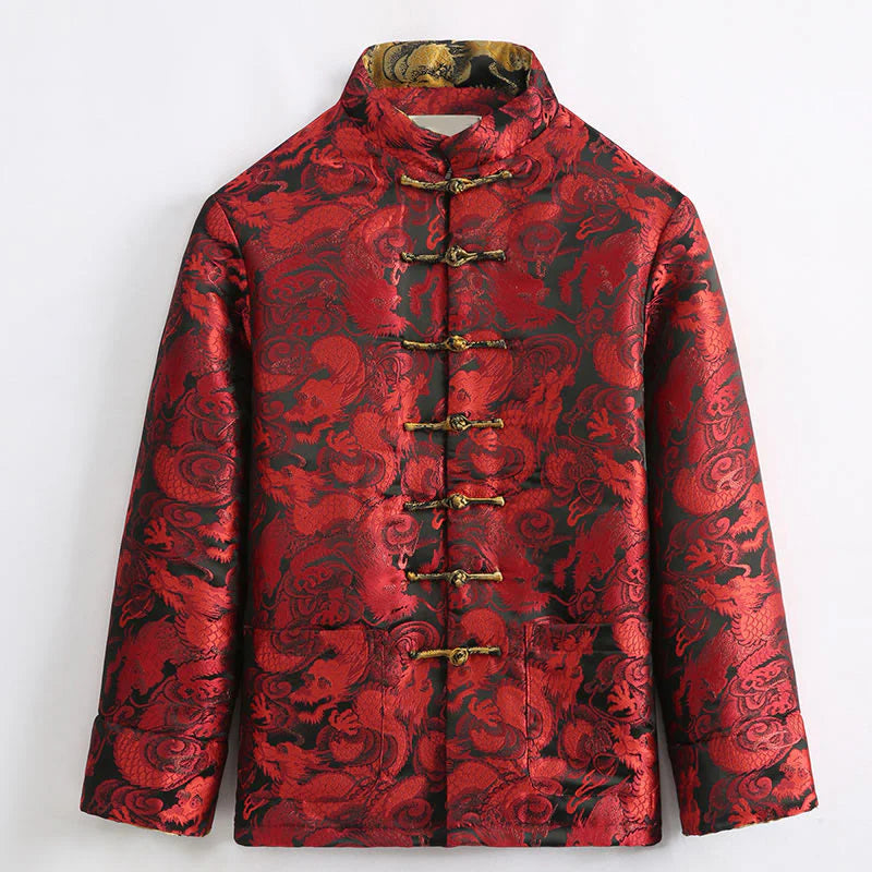 Buddha Stones Winter Dragon Jacquard Warm Frog-Button Long Sleeve Men's Jacket With Pockets