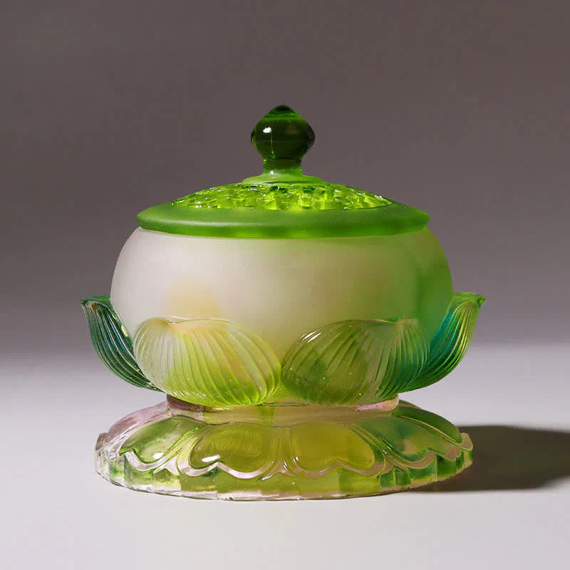 Buddha Stones Feng Shui Lotus Handmade Liuli Crystal Art Piece Home Office Offering Decoration