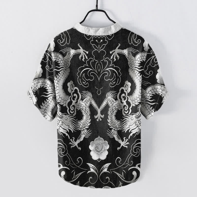 Buddha Stones Cotton Dragon Cloud Emblem Men's Short Sleeve Half Button Shirt