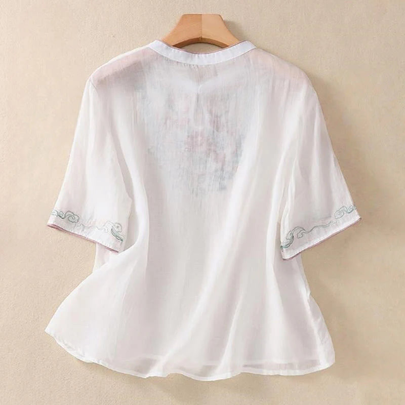 Buddha Stones Casual Retro Embroidery Frog-Button Design Women's Cotton Linen Half Sleeve Shirt