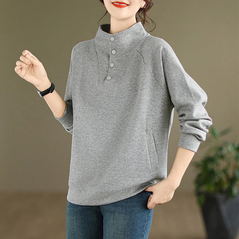 Buddha Stones Fall Solid Stand Collar Buttons Design Long Sleeve Women's Cotton Sweatshirt