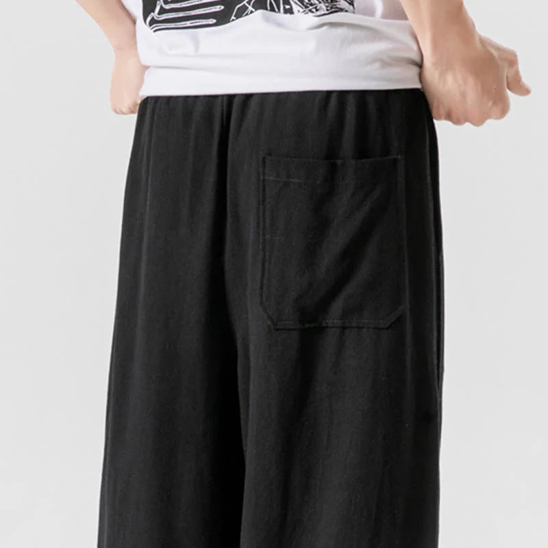 Buddha Stones Summer Plain Drawstring Design Linen Cotton Men's 7-8 Length Pants With Pockets